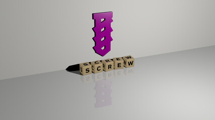 3D graphical image of SCREW vertically along with text built by metallic cubic letters from the top perspective, excellent for the concept presentation and slideshows