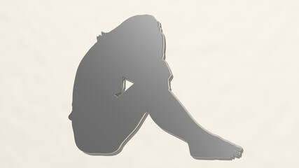 girl on the wall. 3D illustration of metallic sculpture over a white background with mild texture. beautiful and woman