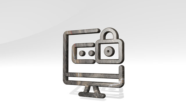 PASSWORD DESKTOP LOCK casting shadow from a perspective. A thick sculpture made of metallic materials of 3D rendering. illustration and icon