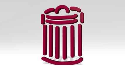 garbage bin made by 3D illustration of a shiny metallic sculpture with the shadow on light background. plastic and environment