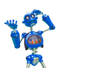 vintage robot cartoon thinking about in white background with copy space