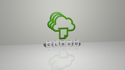3D illustration of cloud graphics and text made by metallic dice letters for the related meanings of the concept and presentations. background and blue