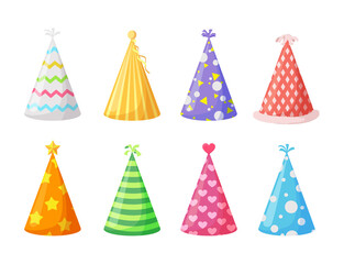 Party caps. Set of colorful cartoon birthday hat cap for celebration party. Vector