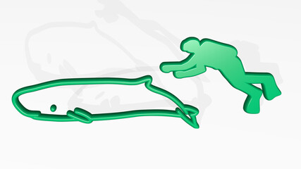 man swimming with whale made by 3D illustration of a shiny metallic sculpture with the shadow on light background. pool and blue