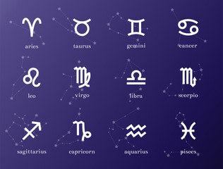 Zodiac constellations signs and stars. A pack of aries, taurus, gemini, cancer, leo, virgo, libra, scorpio, sagittarius, capricorn, aquarius, pisces.