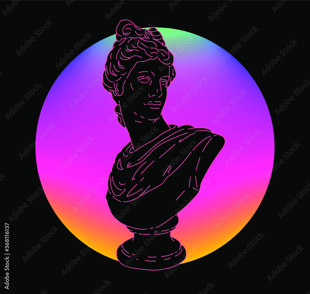 Poster pop art style collage with gypsum head and glowing neon disk on dark background. illustration with r