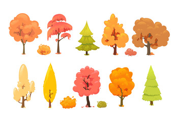 Colorful autumn trees. Collection of autumn trees isolated on white background. Cartoon yellow orange fall tree and autumnal garden bush. Vector set