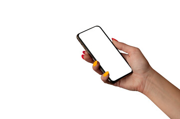 Girl with beautiful nails holds a mock-up of a black smartphone close-up isolated on a white background.