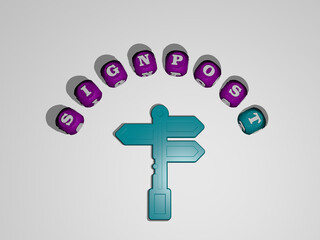 Obraz premium 3D illustration of signpost graphics and text around the icon made by metallic dice letters for the related meanings of the concept and presentations. direction and arrow