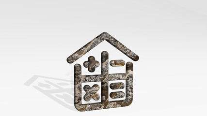 real estate market calculator house casting shadow with two lights. 3D illustration of metallic sculpture over a white background with mild texture. concept and building