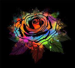 A multi-colored rose on a black background. T-shirt print. Vector illustration