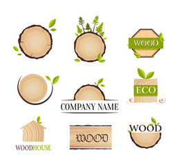 Wooden Eco labels, logo, stickers collection with green leaves.