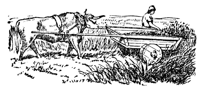Ancient Reaping-machine, vintage illustration.