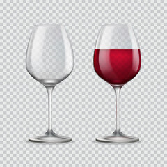 Wine glass. Two glasses empty and with red wine isolated on transparent background. Vector illustration