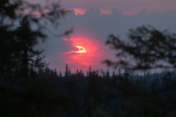 Fototapeta premium Beautiful midsummer sunrise during nighttime in Northern Finland near Kuusamo. 