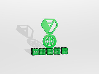 3D representation of medal with icon on the wall and text arranged by metallic cubic letters on a mirror floor for concept meaning and slideshow presentation. illustration and award