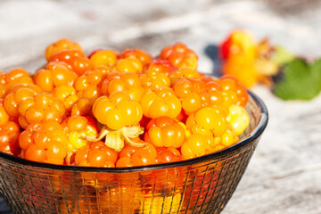 Golden and freshly picked sweet Cloudberries (Rubus chamaemorus) as northern delicacy in a small glass bowl during a summer day in Estonia.