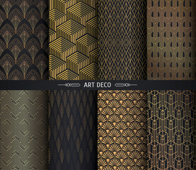 Art Dec patterns set. Golden vintage geometric line backgtounds icolated on black background. 1920 - 30s motifs.
