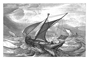 Frisian ferry ships, vintage illustration. © Morphart