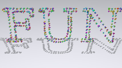 Colorful 3D writting of FUN text with small objects over a white background and matching shadow. happy and illustration