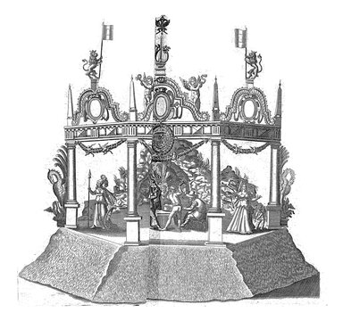 Theater with the smithy of Vulcanus, 1594, vintage illustration.