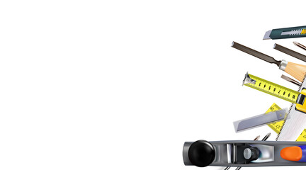 3d Composition of set tools of carpenter craft or construction isolated on white background. Copy-space