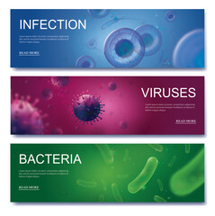 Microbiology banners. Viruses, bacteria and infection 3d backgrounds. Realistic vector cells of harmful microorganisms and pathogens, infectiology medicine.