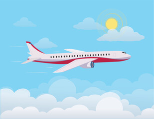 Airplane flying up against the sky , flying through clouds in the blue sky. Flat design style. Vector illustration