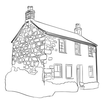Outline sketch of isolated old building in doodle style. Vector illustration