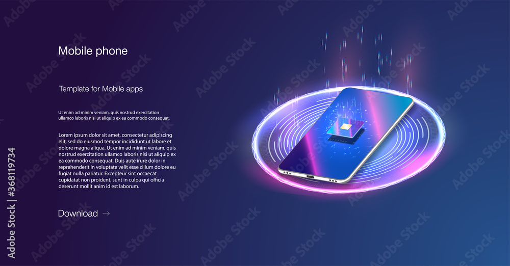 Poster processor the iso banner.quantum phone, big data processing, database concept.digital chip.modern cp