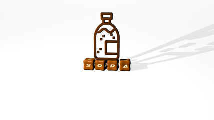 3D representation of soda with icon on the wall and text arranged by metallic cubic letters on a mirror floor for concept meaning and slideshow presentation. drink and background
