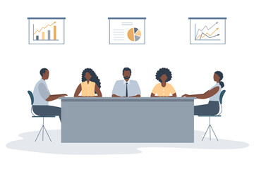 Office workers during the meeting. Black people are sitting at the table in the office. There are also diagrams on the wall in the image. Conference hall. Funky flat style. Vector illustration