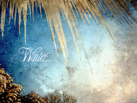 Abstract winter background with icicles, wide angle. Grunge textured with text, winter.