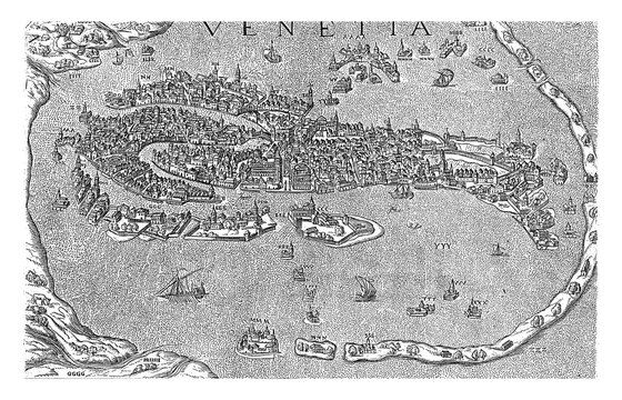 Map of Venice, anonymous, 1550 - 1649 Map of Venice with buildings in revolt, vintage illustration.