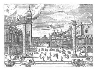 View of the Piazzetta in Venice, anonymous, c. 1570 - 1660, vintage illustration.