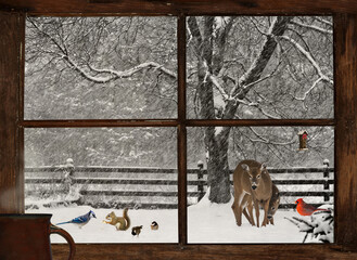 Christmas card design looking out the window with deer and other animals in the snow.