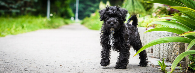 Banner little puppy schnauzer is playing in nature. He loves running. He is a happy dog.