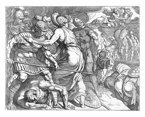 Jupiter and Minerva stop the battle between Odysseus and the Ithacans, vintage illustration. © Morphart