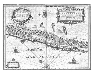 Foto op Canvas Map of part of the coast of Chile, c. 1625, vintage illustration. © Morphart