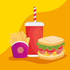 fast food, delicious sandwich with french fries and bottle beverage vector illustration design