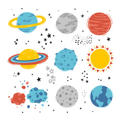 Solar System. Space Vector Set with Cute Planets , Sun, Meteorite.