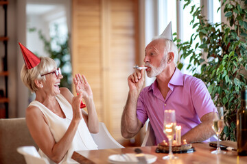 Senior couple celebrating birthday at home.