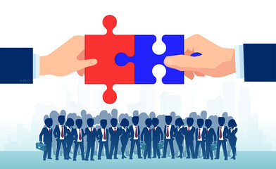 Vector of two politicians bringing together puzzle parts