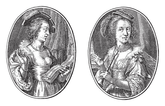 Calliope and Euterpe, Crispijn van de Passe (II), 1640, vintage illustration.