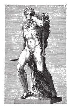 Sculpture of Emperor Commodus as a gladiator, anonymous, 1584, vintage illustration.