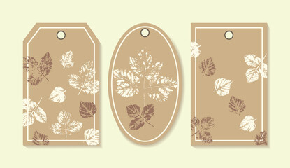 Vector Set of Gift Tags with Leaf Stamp. Leaf imprints design collection. Vintage Eco Labels with Leaves Silhouettes