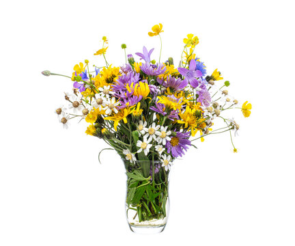 Bouquet Of Wild Flowers In A Glass Vase On A White Background