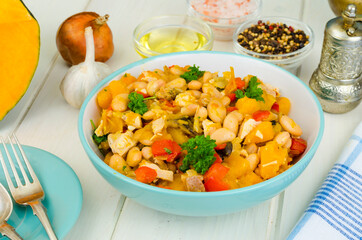Stewed vegetables with pumpkin, meat and beans