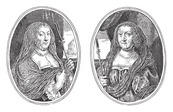 Portraits of an high-ranking woman and Countess Catharina van den Berg, vintage illustration.