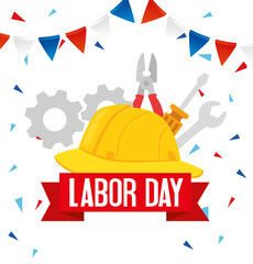 happy labor day holiday banner with helmet secure protection and tools construction vector illustration design